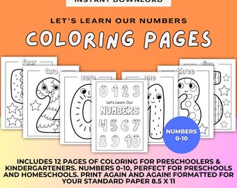 May include: A collection of black and white coloring pages for children, featuring numbers 0-10. The pages are designed for preschoolers and kindergartners, with the text "Let's Learn Our Numbers" and "Coloring Pages". The image includes the text "Instant Download".
