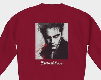 May include: Burgundy sweatshirt with a black and white illustration of a man with red eyes. The text "Eternal Love" is printed below the illustration.