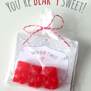 May include: A clear plastic bag filled with three red gummy bears and a small card with the text "You're Bear-Y Sweet!" printed on it.