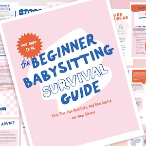 Peut inclure: Un livre à couverture souple intitulé The Beginner Babysitting Survival Guide avec une couverture rose clair, du texte bleu et un graphique en forme d'étoile orange indiquant for ages 11-14. La couverture inclut le sous-titre Easy Tips, Fun Activities, and Real Advice for New Sitters.