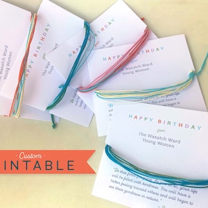 Tarjetas imprimibles personalizadas para regalo de cumpleaños de YW, pulsera de cumpleaños, tarjeta de cumpleaños y regalo para la clase YW, SUD