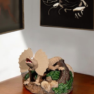 Peut inclure: Figurine détaillée d'un lézard à collerette, avec une collerette et un corps beiges, perché sur une base rocheuse avec un feuillage vert. Le lézard a la gueule ouverte et se détache sur un fond neutre, suggérant un objet décoratif.