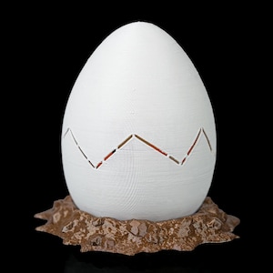 May include: A white egg-shaped ornament with a zigzag pattern cut into its surface, set on a brown, textured base. The egg has a smooth, matte finish. The base has a rough, rocky appearance. The background is black.