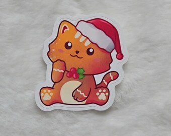 Orange Gingerbread Cat Sticker | Waterproof Vinyl Cat Sticker | Cute Christmas Cat | Holiday Cat Decor