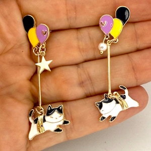 Cute Cat Earrings Black and White Cat Pendant Cat Lover Crazy Cat Lady Gift Cat Jewelry Cat Mom Earrings  Korean Style Cat Cartoon Cat Star