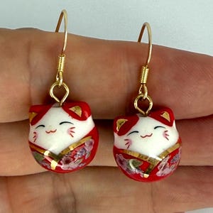 Mahjong Earrings Mah Jong Jewelry Red Chinese Earrings Chinese Cat Jewelry for Her Chinese Lucky Cat Japanese Cat for Mahjong Play Oriental