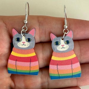 Cat Earrings Cute Cat Pullover Crazy Cat Lady Gift Gray Cat Dangle Earrings Cat Lover Cat Jewelry Cat Mom Earrings Cat Jewelry Cat Mom Gift