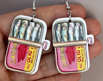 Sardines Earrings Sardine Can New Western Style Sardine Wooden Earrings Fish Lover Seafood Gift Fish Print Fun Earrings Novelty Earrings