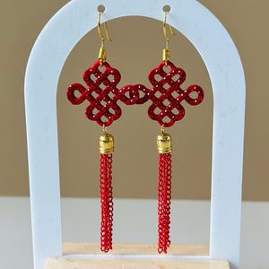 Pendientes de nudo chino, pendientes colgantes con borlas rojas, pendientes de mahjong para regalo de San Valentín, joyas con borlas, joyas chinas para ella, mahjong
