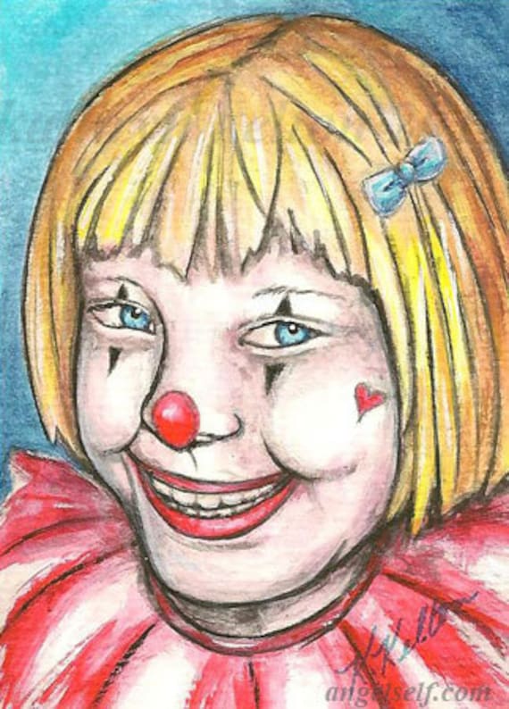 Items Similar To Aceo Little Girl Clown Face Portrait Original