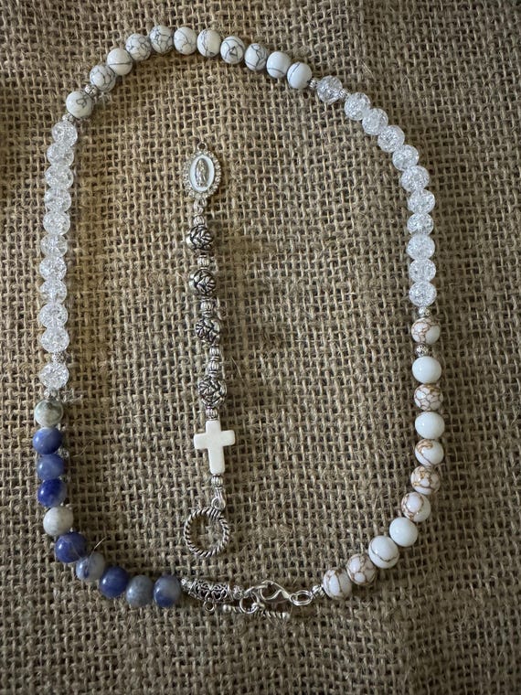 Rosary Collection - Natural Crystal 3-ways White Turquoise, Crystal and Jasper Rosary Necklace