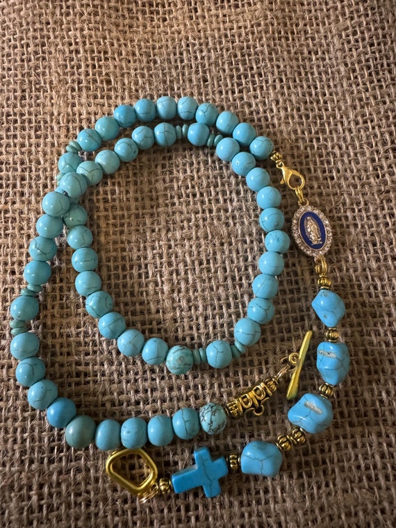 Rosary Collection - Natural Crystal 3-ways Turquoise Rosary Necklace