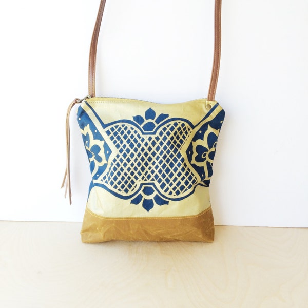weekdayer • crossbody bag • metallic gold and royal blue - geometric floral print - screenprint - iPad bag - brown waxed canvas • talavera