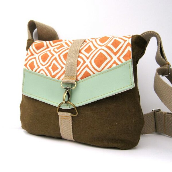satchel // earthy brown linen - orange geometric canvas - mint green vegan leather // crossbody bag - adjustable strap