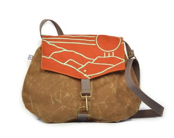 crossbody bag - satchel • vegan purse - waxed canvas crossbody bag • mountain print - hand printed - waxed canvas - screenprinted