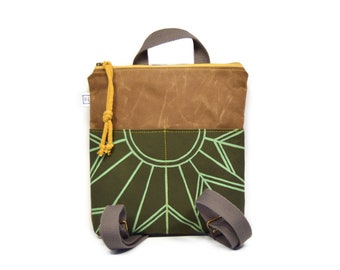 vegan mini backpack - small backpack purse • waxed canvas backpack bag - pockets • geometric print
