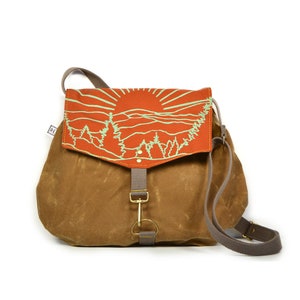 crossbody bag satchel vegan purse waxed canvas crossbody bag mountain print hand printed waxed canvas screenprinted Mesa