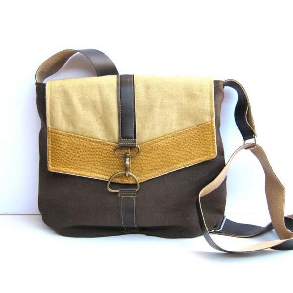 Ranzen • Crossbody Tasche in Tweed-Leinwand und Kunstleder • braun Tweed Leinwand - gelbe Tweed • cross-Body Tasche - kleine messenger