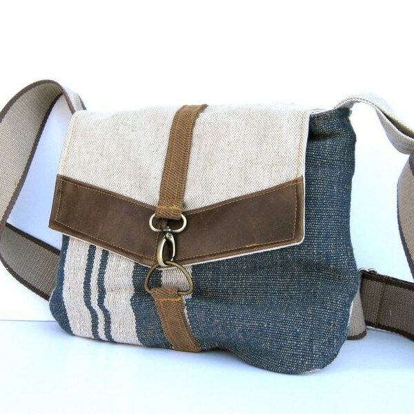 Satchel // Blue and White Striped Jute - Cream Tweed
