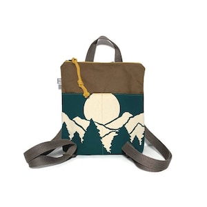 mini sac à dos végétalien - petit sac à main • sac à dos en toile - poches • montagnes - imprimé montagne