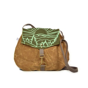 crossbody bag satchel vegan purse waxed canvas crossbody bag mountain print hand printed waxed canvas screenprinted Moss