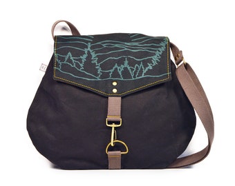 crossbody bag - satchel • vegan purse - waxed canvas crossbody bag • mountain print - hand printed - waxed canvas - screenprinted