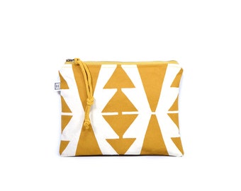 vegan clutch - cosmetic pouch • geometric print make up bag •  waxed canvas - geometric print - screenprinted • large clutch