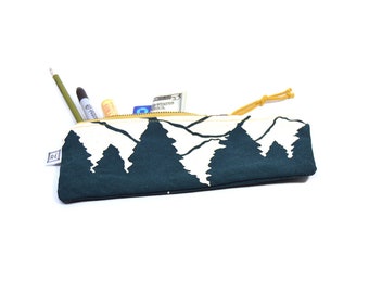 pencil case • vegan zipper pouch • pine trees - mountain print - forest print - hand screenprinted pouch - canvas pouch