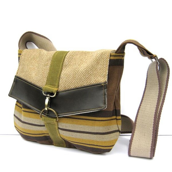 satchel // mustard gray brown retro striped canvas - menswear wool herringbone - avocado green // everyday crossbody bag