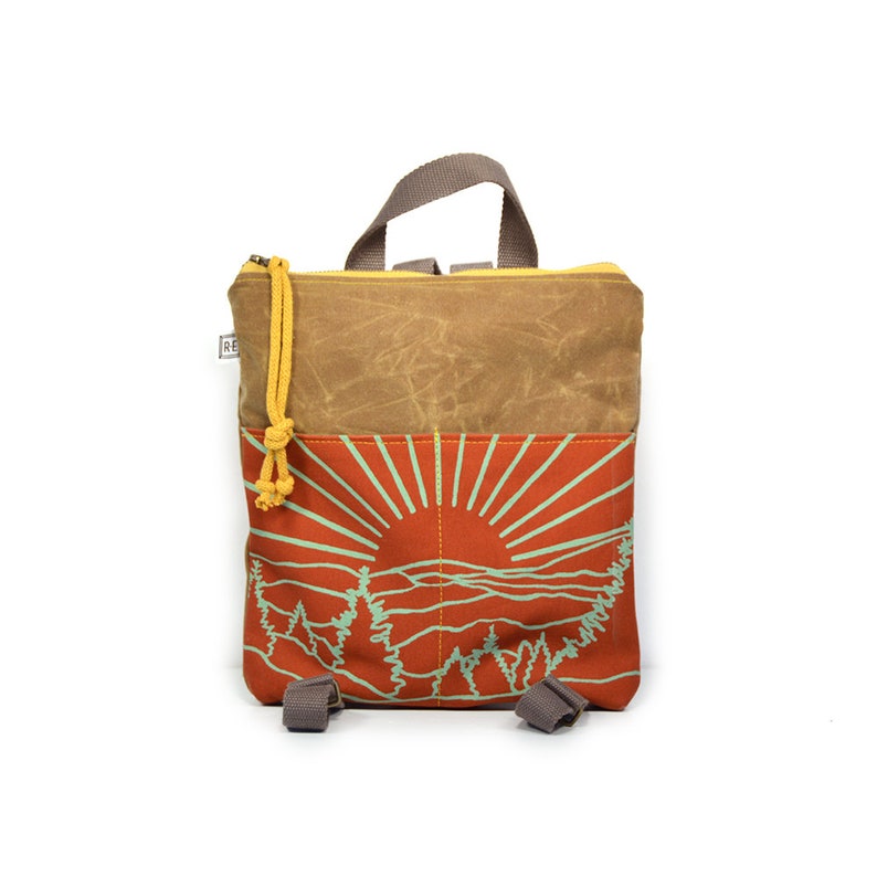vegan mini backpack small backpack purse waxed canvas backpack bag pockets mountain print Mesa