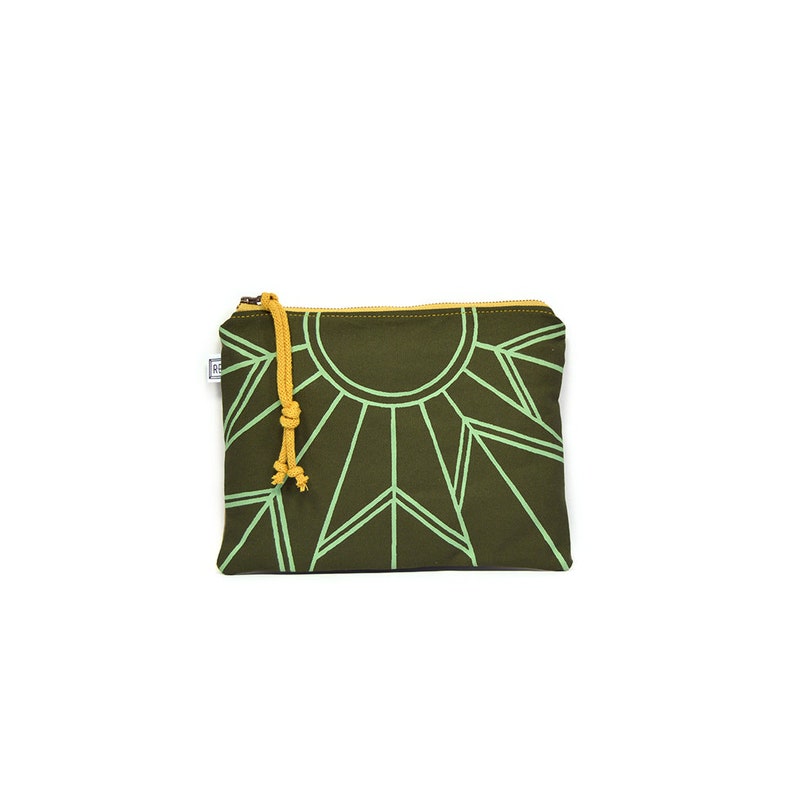 vegan zipper pouch cosmetic pouch waxed canvas zipper pouch geometric print Moss
