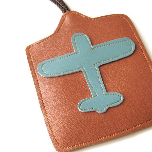 Luggage Tag // Airplane // Aqua Blue Vegan Leather - Orange Vegan Leather - Stocking Stuffer