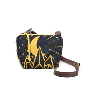 crossbody bag vegan crossbody bag date purse small crossbody bag moon and mountain print brown waxed canvas Nocturnal