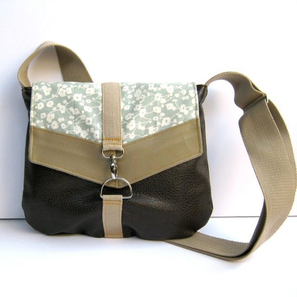 satchel // pale blue floral cotton print - brown vegan leather - mushroom gray brown  // crossbody bag - small messenger