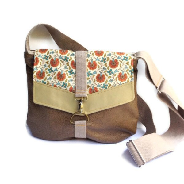 satchel // blue and orange rustic floral print - jute brown vegan leather - pale mustard yellow chevron // messenger bag - crossbody bag