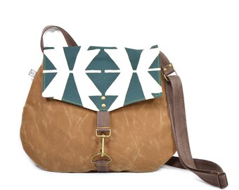 waxed canvas satchel • vegan crossbody bag • geometric print - hand printed - brown waxed canvas - screenprinted - triangle print