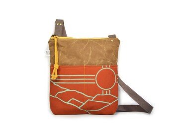 crossbody bag - vegan waxed canvas purse - weekdayer • crossbody bag - brown waxed canvas • mountain print - desert - southwest
