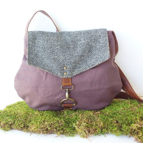 satchel • wool and canvas crossbody bag • plum purple tweed canvas - gray herringbone wool  • small messenger - cross body - rachelelise