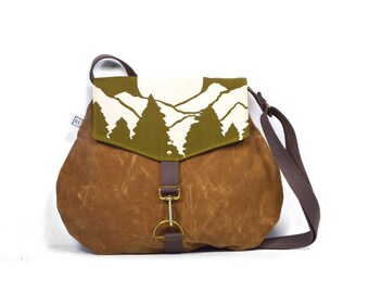 crossbody bag - satchel • vegan purse - waxed canvas crossbody bag • mountain print - hand printed - waxed canvas - screenprinted
