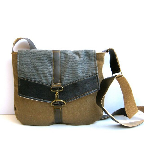 Ranzen • Crossbody Tasche • braun Denim Leinwand - slate blue Fischgräten - Marine faux Leder • kleine Messenger Bag - cross Body Geldbörse