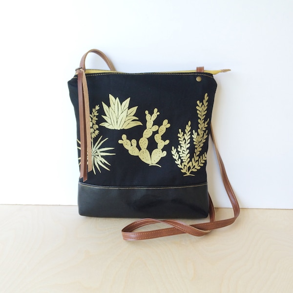 weekdayer • crossbody bag - cactus print • metallic gold cactus print - black canvas - handprinted - glossy faux leather •native