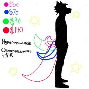 May include: Silhouette of a character with a fox-like head and a flowing tail design. The tail is outlined in red, blue, green, and pink. Text on the left indicates options: Hyper-motion and Changable sleeves.