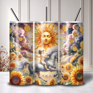 The Sun Tarot Cards 20 oz Skinny Tumbler Wrap Sublimation Design, Digital Download PNG, Celestial Tumbler, Solar Eclipse, Zodiac PNG