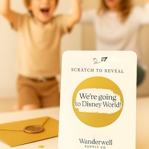 Custom Scratch-Off Vacation Reveal Card: Surprise Trip Gift with Gold Envelope