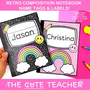 Composition Notebook Cubby Name Tags - Retro Bulletin Board Door Decor & Locker Labels Ideas