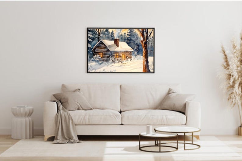 Museumgrade Paper, Beautiful Watercolor Log Cabin in the Snow, Wall