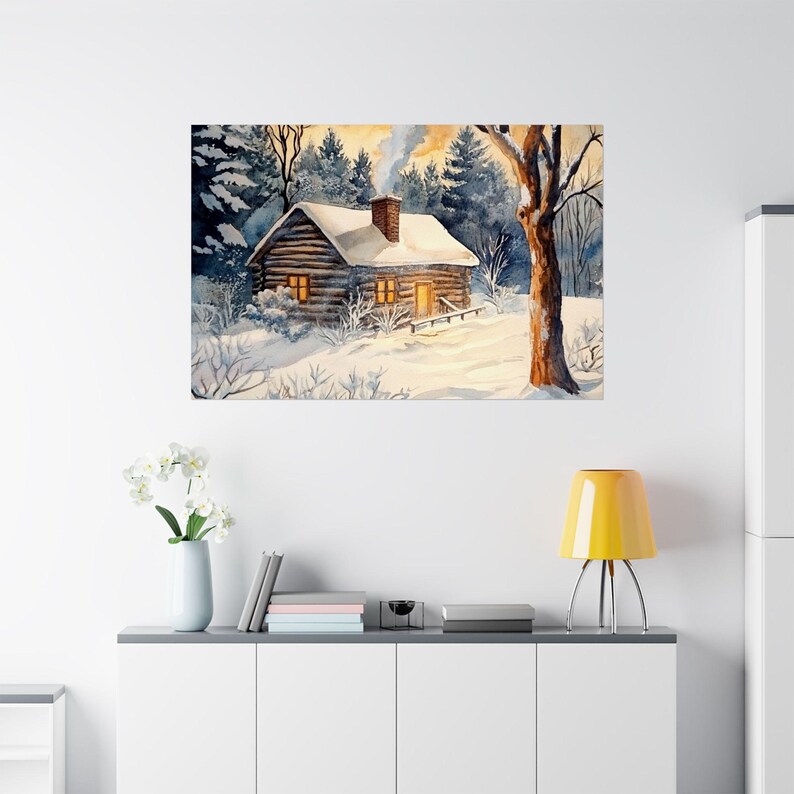 Museumgrade Paper, Beautiful Watercolor Log Cabin in the Snow, Wall
