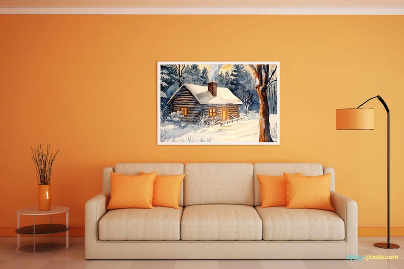 Museumgrade Paper, Beautiful Watercolor Log Cabin in the Snow, Wall