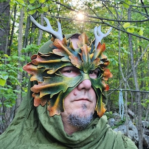 Antlered White Oak Leaf Green Man Leather Mask in Autumn