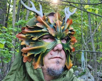 Antlered White Oak Leaf Green Man Leather Mask in Autumn